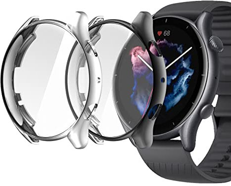 NEWZEROL 2 Pezzi Cover Compatibile per Smartwatch GTR 3/GTR 3 Pro, Copertura Completa Protettiva TPU Bumper Custodia Flessibile Antigraffio - Nero/D'argento