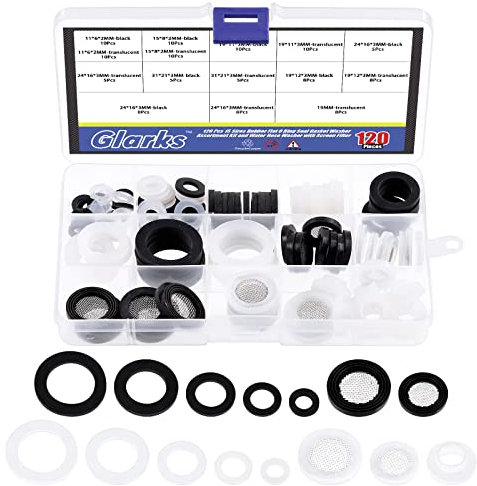 Glarks Lot de 120 rondelles en caoutchouc de 8 tailles et joints toriques plats en silicone pour robinet de jardin, baignoire, tuyau de douche, filtre de robinet, tuyau de valve
