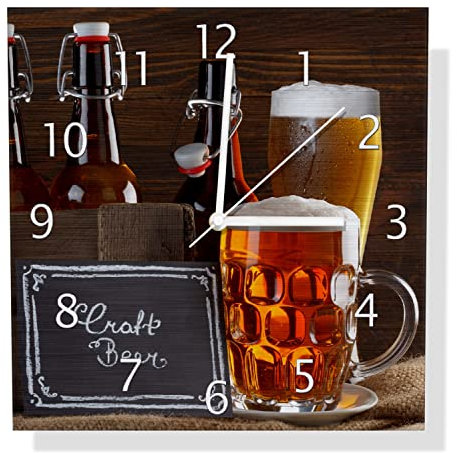 Wallario Design Wanduhr Biervarianten - Pils im Glas Flaschenbier Schild Craft Beer aus Aluverbund, Alu-Uhr Größe 30 x 30 cm, weiße Zeiger mit Metalloptik