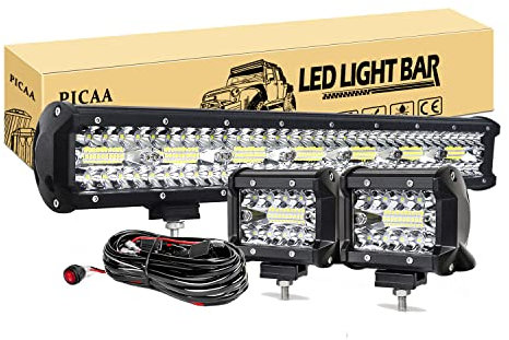 PICAA Led Arbeitsscheinwerfer 8D 20 Zoll 420W Led Lichtbalken Led Zusatzscheinwerfer Bar Spot Flutlicht Kombination für SUV Offroad ATV UTV Traktor 4x4 Auto Mit 2PCS 4 Zoll LED Arbeitslicht