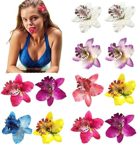 12PCS Doppel Chiffon Orchidee Blume Haarspangen Pins Hawaii Alligator Dia Clip Hochzeit Party Braut Haarspangen Barrette Haarspangen Strand Verschleiß Zubehör (Farbe Zufällig)
