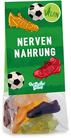 Naschbeutel Nervennahrung – bunte vegane Fruchtgummi-Fußball-Schuhe im Geschenk-Beutel, süße Geschenk-Idee