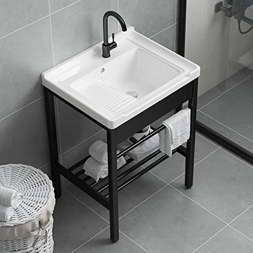 Blanco Lavabo de Cerámica,lavadero de Baño Lavabo de pie con Pedestal Lavamanos Pedestal Mueble de Baño , Fregadero con Soporte de Acero Inoxidable,Grifo,para Lavandería,Patio Garajes,Baños y Aseos (