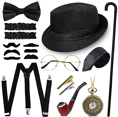 1920er Herren Accessoires, 1920er Gangster Kostüm Rock Mafia Flapper Make-up Accessoire Set Stock, Brille, Taschenuhr, Fliege, Zylinder (Schwarz)…