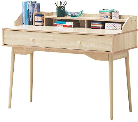 GIANTEX Bureau d'Ordinateur avec Tiroir, Table de Bureau Informatique avec Tablette Spacieuse, Étagère Ouverte et Pieds en Bois d’Hévéa, Bureau d’Écriture pour Salon, Bureau, Chambre (Naturel)