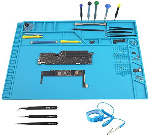 CPB S180 Großes Lötmatten-Set – Silikon-Reparaturmatte, hitzebeständig, magnetische Arbeitsmatte mit ESD-Handschlaufe und 3 Pinzetten für Elektronik, Computer, Telefon – 55 x 34 cm
