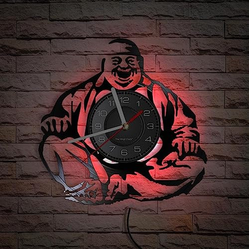 Smotly Vinyl-Wanduhr, Smiley-Gesicht, Buddha, kreatives Design, mit bunten Fernbedienungslichtern, ein Wanduhr-Geschenk für die Familie.