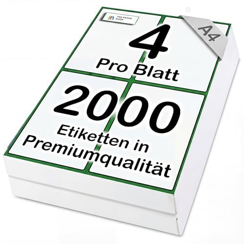 The Paper Shop Selbstklebende Etiketten A4 Vierfachbogen - 4 pro Blatt Weiß (2000 Etiketten) | Großpack Adressetiketten Bedruckbar für Laser- und Tintenstrahldrucker | Versand Paket FBA