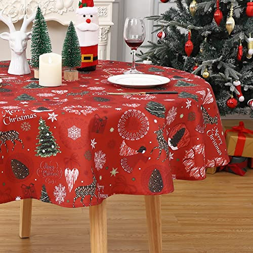 LinTimes Rot Tischdecke Weihnachtstischdecke Rund Wasserabweisend Tischdecken Schneeflocke Weihnachten Tischdekorationen für Urlaub Weihnachten Party, 152 x 152 cm, Weihnachtshirsch
