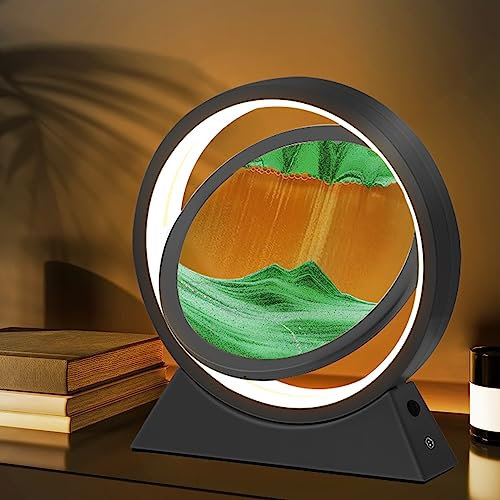 Ulikey Cadre Sable Mouvant, 3D Sablier Decoratif avec Veilleuse LED, Image de Sable Dynamique Peinture de Sable Qui Coule, Cadre Sablier Led en Verre Rond pour Adultes la Décoration (noir vert)