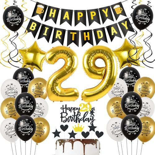 Deko 29 Geburtstag Deko Mann Frauen, Luftballon 29. Geburtstag Schwarz Gold, Geburtstagsdeko 29 jahre Mann Luftballon, Tortendeko 29. Männer Geburtstagsdeko 29 jahre für Frau