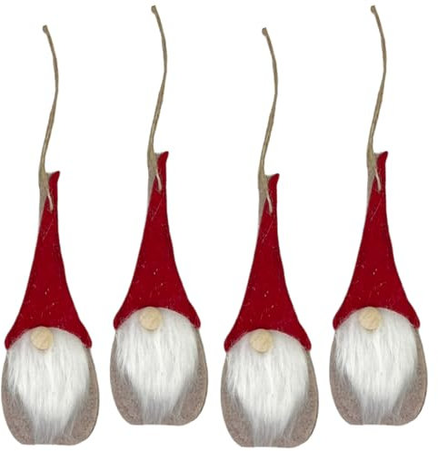 MIJOMA 4 Stück Set Weihnachtliche Filzanhänger, Wunderschön als Christbaumschmuck, für Adventsgesteck, Filz mit Holzelementen & Glitzer verziert, Schlaufe zum Anhängen (Wichtel - Mütze rot)