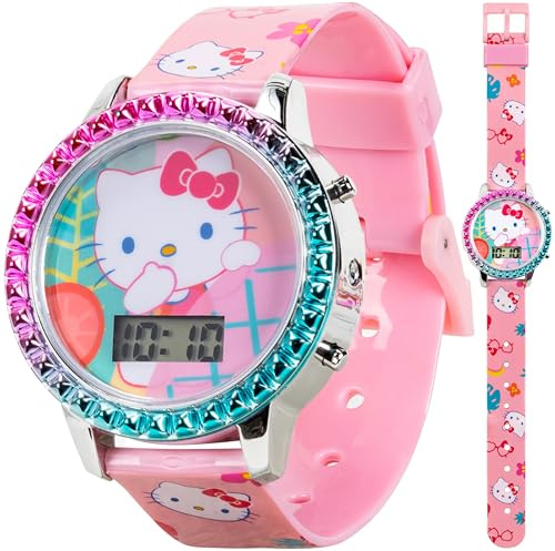 Accutime Sanrio Hello Kitty Girls' Digital LCD Quartz Watch with Pink Strap and Colorful Bezel - Fun LED Light Show - Easy to Read Time for Kids - Fits Wrist 5.5-8