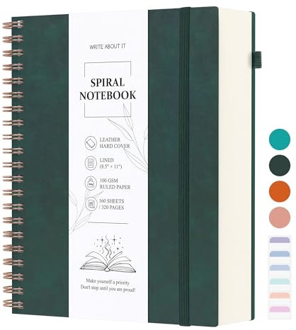 A4 Notizbuch, Notizblock, Spiralgebundene Notizbücher, 320 Blatt/160 Seiten Zum Schreiben, 100 G/m² College-liniertes Papier, Leder Hardcover, 21,6 x 28,8 cm - Grün