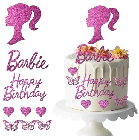 Princess Happy Birthday Cake Toppers Set - Pink Glitter Card Decorations with Head, Girls Happy Birthday Sign, Bamboo Stick, and More - Made in the UK - 9-Piece Bundle for a Magical Celebration
