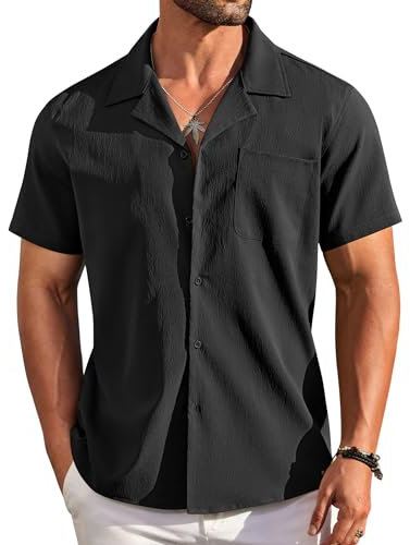 COOFANDY Men's Short Sleeve Shirt Regular Fit Casual Summer Beach Shirts with Pocket Black XXL