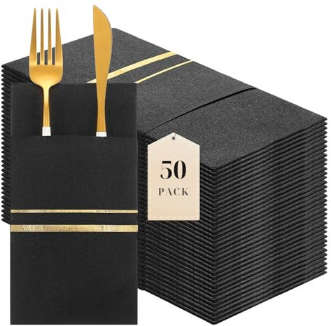 LEKOCH 50 pcs Qualite Serviette Porte Couvert Jetable Noires et Or Serviette de table Intisse Epaisse Noires et Or fonce avec poche pour mariage, Noël ou la fête 43 * 30cm