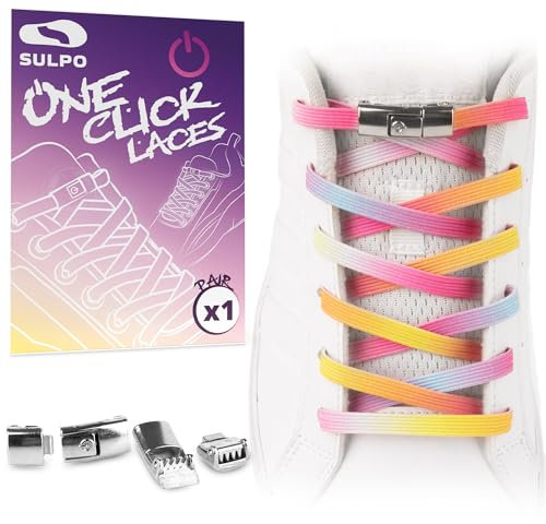 SULPO Lacets plats élastiques « one click » sans noeuds - à boucle - Lacets avec boucle - Lacets en caoutchouc pour baskets - enfants et adultes