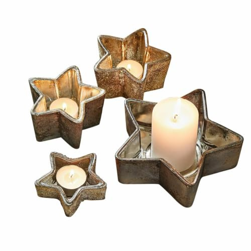 Loberon Windlicht 4er Set Thervel, antikgold/grau | Weihnachten, Winter, Festtage, Stern, Sternförmiges Design, Antikkupfer Finish, Mundgeblasenes Glas