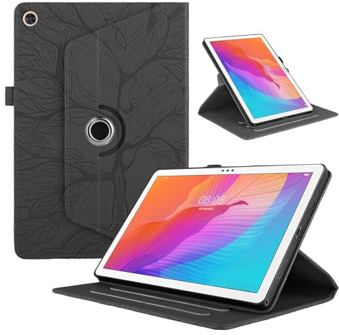 TEDTIKJT Tablets Funda Compatible con Huawei MatePad T 10 9.7 2021 Carcasa PU Cuero Protectora 360 Giratoria Soporte Case Carcasa para Huawei MatePad T 10 Funda, Negro Árboles