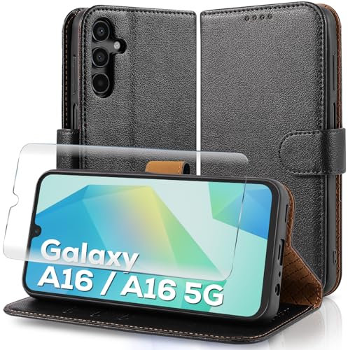 Case Collection for Samsung A16 Phone Case and Screen Protector - Leather Folio Flip [Kickstand] Shockproof Cover [RFID Blocking] Magnetic Wallet for Samsung Galaxy A16 5G Case Black