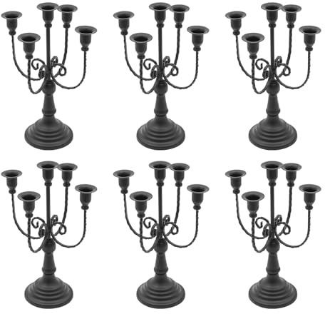 Etrhdfyts 6 Stück Kerzenständer 5-Armig Metall Eisen Kerzenhalter für Stabkerzen, Kandelaber Kerzenleuchter für Kegelkerzen Party Hochzeit Tisch Mittelstücke Dekor (Schwarz)