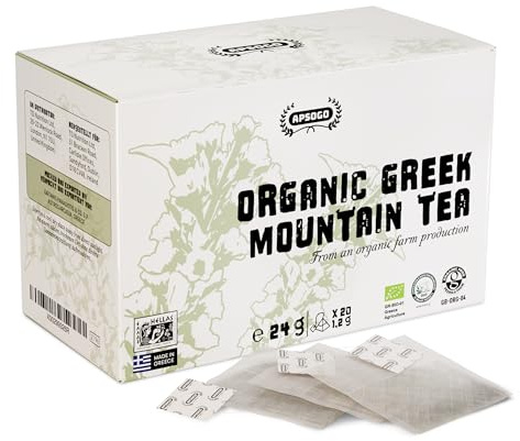 APSOGO Organic Greek Mountain Tea - 20 Teabags - Sideritis Tea, naturally Caffeine Free - Herbal Infusion, Aromatic & Soothing