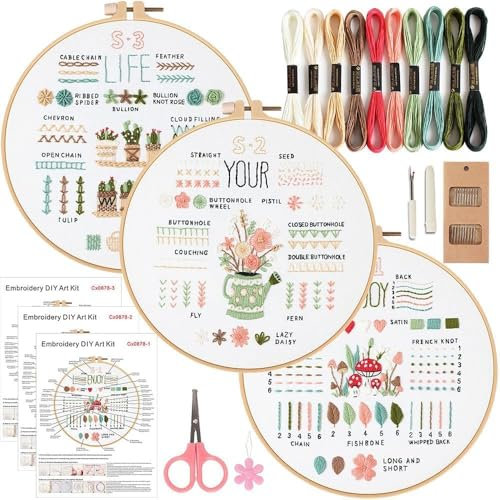 GlasFlength Sticken Set Erwachsene, Stickset für Anfänger Blumenmuster Pflanzen Embroidery Kit Kreuzstich Set mit Kunststoff Stickrahmen Anleitung und Werkzeuge Stickerei für DIY Kunst Handwerk(Weiß)