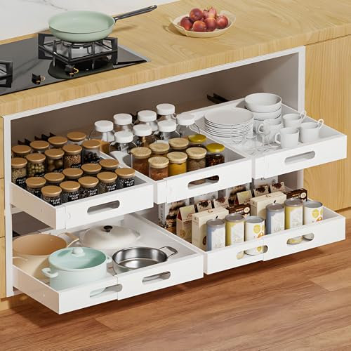 KDISHKRA Cajón Extraíble Extensible 30-47cm – Bandeja Deslizante Armario Cocina sin Taladrar, Cajón Telescópico para Mueble Cocina con Carriles y Kit de Tornillos, Organizador para Baño, Blanco