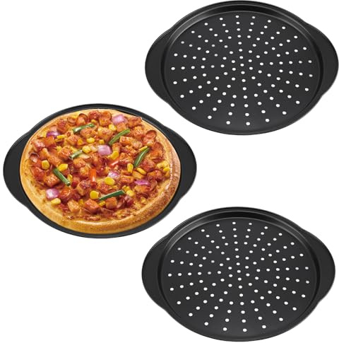 CHUENHEI 3 Stück 32 cm Pizzablech Rund, Karbonstahl Pizzablech Perforiert, Schwarz Pizza Backblech Rund Antihaftbeschichtet, Perforierte Pizza Backform für Ofen, Küche