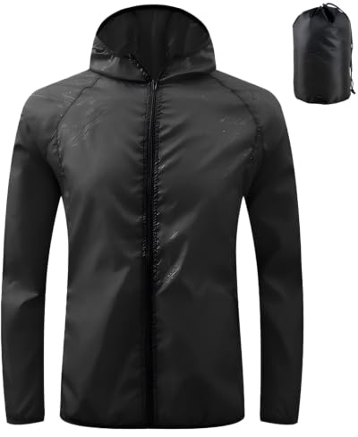 JiaYouLC Herren Regenjacke, verstaubar, leicht, wasserdicht, mit Kapuze, in einer Tasche, Sonnenschutz, winddichte Regenjacke, Schwarz , S