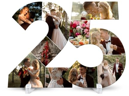 Personalisierte Acrylglas Fotocollage - Silberhochzeit oder 25. Geburtstag - mit 10 eigenen Bildern, 3mm Acrylglas, Ständer und Klebepunkte optional, Größe wählbar, Geschenk zur silbernen Hochzeit