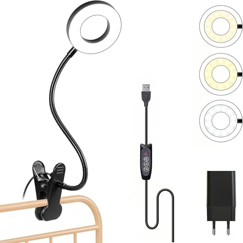 Foneso Klemme Lampe, 48 LEDs Dimmbare Leselampe Bett | 3 Modi und Stufe 10 Dimmen, 360° Flexibel USB Lampe für Lesen, Reisen, Büro (mit 5V/2A Einzelport-USB-Ladegerät)