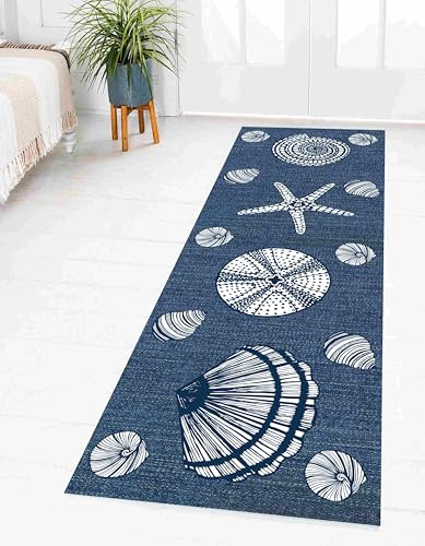 Marineblauer Flur-Läuferteppich, 60x150cm Vintage-Muster Mit Nautischem Muschel-Seestern-Muster, Lange Flurteppiche, Rutschfeste Badezimmermatte, Kurzfloriger Küchen-Läuferteppich für Flur, Büro