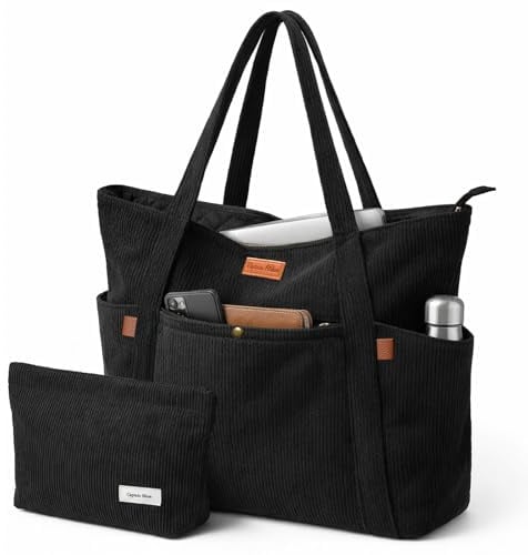 Captain Blues Cord Tasche Damen, Große Tote Bag mit Laptopfach, Shopper Tasche Damen mit Reißverschluss und weichem Baumwollfutter, Strandtasche, Arbeitstasche für Uni, Schule, Lehrer