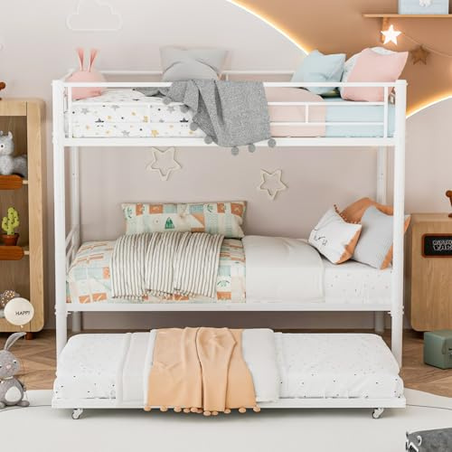 IHUESHO Etagenbett 90x190 mit Ausziehbett, 3-in-1 Metallbett teilbar in 3 Einzelbetten, stabiles Hochbett mit Rausfallschutz & Leiter, Belastbarkeit 180kg/Ebene, Ohne Matratze (Weiß)