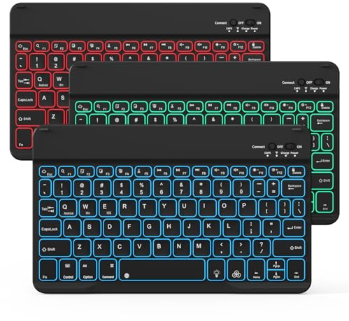 KVTVOU RGB Backlit Bluetooth Keyboard, Ultra-Slim Wireless Rechargeable Keyboard with 7 Color Backlight, Compatible with iOS, Android, Windows, Portable Quiet UK QWERTY Layout, Black(Backlight)