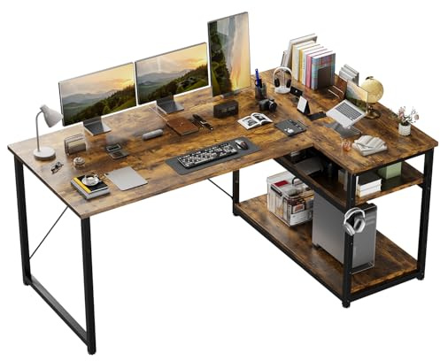 JUMMICO L-förmiger Schreibtisch 160 x80 cm mit Stauraum, Eck-Computertisch mit umkehrbarem Regal, Stabiler Bürotisch und Arbeitsstation für das Homeoffice,Braun