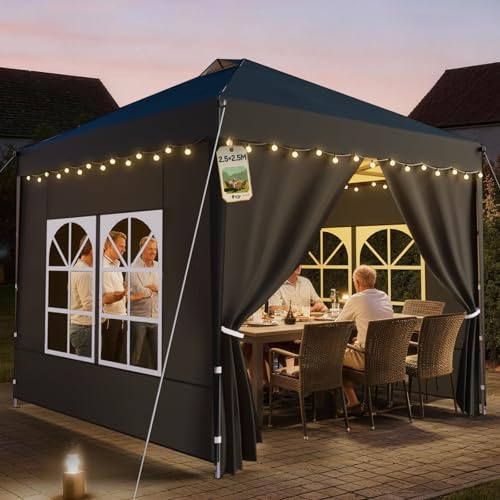Soontrans Pavillon 2,5x2,5m, Lassen Alle zusammenkommen, Faltpavillon Höhenverstellbar mit Seitenwänden & Giebelwänden, Pop Up Partyzelt mit Tragetasche für Garten Terresa Pool (Anthrazit)