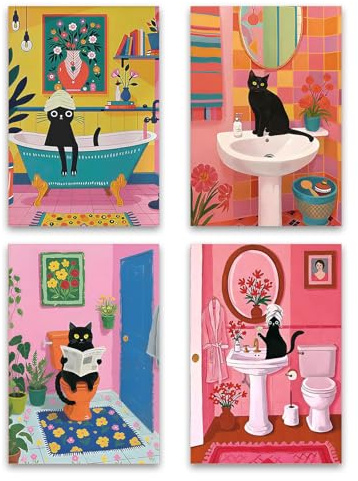 Clyrax 4Pcs Bathroom Wall Art, Black Cat Animal Toilet Decor Canvas Posters, Funny Cat Bathroom Art for Walls, Unframed Prints for Bathroom Decor Toilet or Guest Loo, Cute Black Cat Gifts, 20x30cm