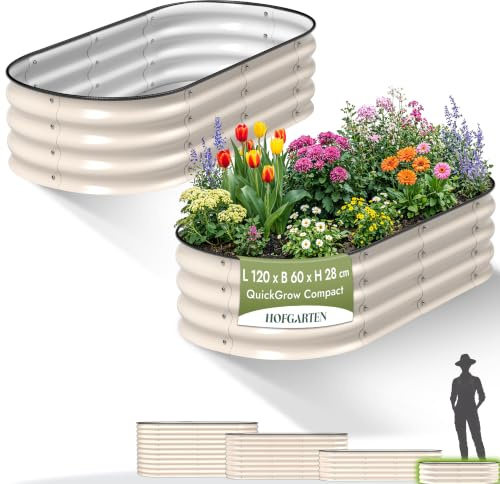 HOFGARTEN Carré Potager Surélevé Métal 120x60x28 cm, Lot de 2, Blanc Crème | 8 configurations, fond ouvert, acier galvanisé Zn-Al-Mg, stable et antirouille, pour légumes et herbes aromatiques