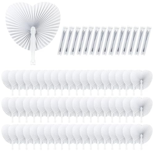TEYIAN 72Pcs Folding Paper Fans White Heart Shaped Folding Fan Chinese Handheld Fans for DIY Summer Wedding Decorations Party Favour