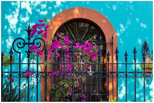 Wallario Küchenrückwand selbstklebend 90 x 60 cm, Motiv: Pinke Blumen vor türkisfarbener Fassade | Spritzschutz abwischbar & pflegeleicht