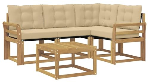 vidaXL Outdoor-Sofagarnitur mit Kissen 5 pcs Weiß und Beige, Garten-Sofa, Moderne Außenmöbel, langlebige Sitzgruppe, Bequeme Lounge, Akazien-Sitze, Entspannung im Garten