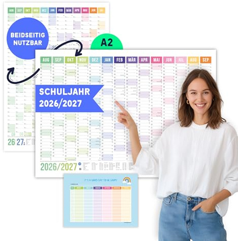 heaven+paper Schuljahresplaner 2026/2027 | Schuljahreskalender 26/27 A2 | Wandkalender 2026 2027 aus FSC Naturpapier | Jahresplaner | Made in Germany (Rainbow, A2)