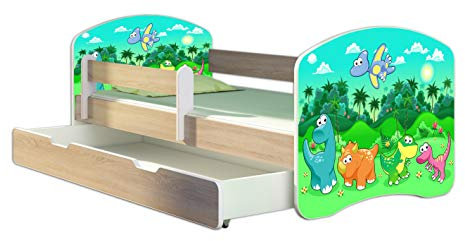 Kinderbett Jugendbett mit einer Schublade und Matratze Sonoma mit Rausfallschutz Lattenrost ACMA II 140x70 160x80 180x80 (30 Dino, 180x80 + Bettkasten)