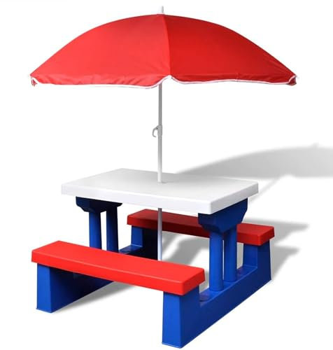 Tavoli per Bambini COIL, Tavoli da Giardino, Tavolo da Picnic per Bambini con Panche e Ombrellone Rimovibile, Tavolo da Gioco, Panchina da Tavolo, Sedia per Bambini, Tavolo, Panchina, Sedia (blu)