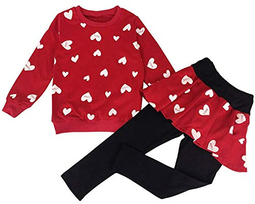 DHASIUE Girls Toddler Cute Outfits Clothing Set Hearts Print Long Sleeve Sweatshirt T-Shirt Tops & Pantskirt Skirt Leggings Trousers Age 2-10 Years