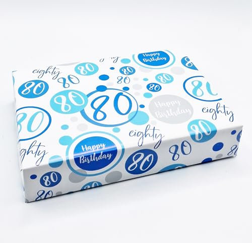 Geschenkpapier zum 80. Geburtstag, 2 Bögen + 2 passende Geschenkanhänger zum 80. Geburtstag, Blau / Weiß