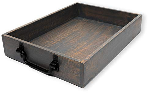 GoCraft Handmade Wooden Tray with Metal Handles – 15 x 11 x 2.5 Decorative Serving Tray in Grey Washed Finish – Versatile Tray for Breakfast in Bed, Lunch, Dinner, Appetizers, Coffee Table